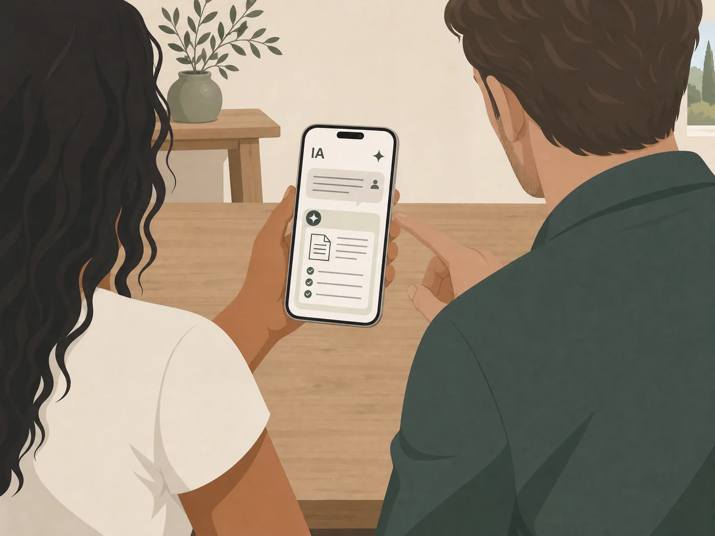 Deux personnes vues de dos apprennent à utiliser un assistant IA sur un smartphone.